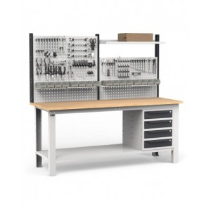 Banco per officina con 4 cassetti, parete per attrezzi e accessori, 200 cm, Grigio e antracite