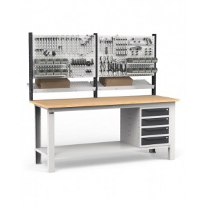 Banco per officina con 4 cassetti, parete per attrezzi e accessori, 200 cm, Grigio e antracite