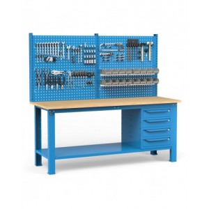 Banco per officina con 4 cassetti, parete per attrezzi e accessori, 200 cm, Blu