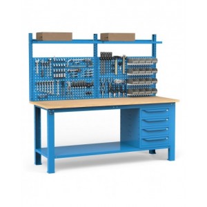 Banco per officina con 4 cassetti, parete per attrezzi e accessori, 200 cm, Blu