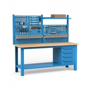 Banco per officina con 4 cassetti, parete per attrezzi e accessori, 200 cm, Blu