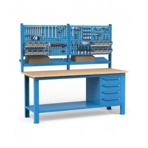 Banco per officina con 4 cassetti, parete per attrezzi e accessori, 200 cm, Blu