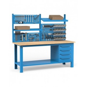 Banco per officina con 4 cassetti, parete per attrezzi e accessori, 200 cm, Blu