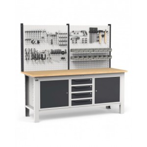 Banco con 4 cassetti, armadio con porta e ripiano, parete portautensili e accessori, 200 cm, Grigio e antracite