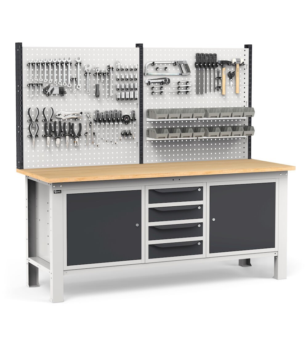 Banco con 4 cassetti, armadio con porta e ripiano, parete portautensili e accessori, 200 cm, Grigio e antracite