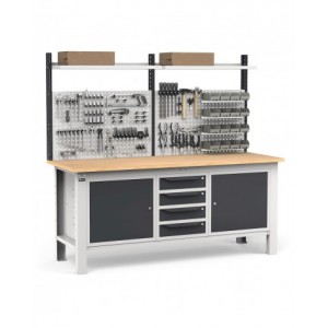 Banco con 4 cassetti, armadio con porta e ripiano, parete portautensili e accessori, 200 cm, Grigio e antracite