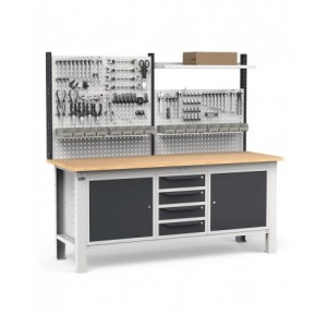 Banco con 4 cassetti, armadio con porta e ripiano, parete portautensili e accessori, 200 cm, Grigio e antracite