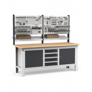 Banco con 4 cassetti, armadio con porta e ripiano, parete portautensili e accessori, 200 cm, Grigio e antracite