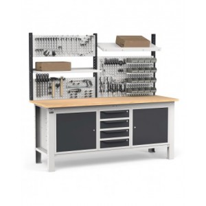 Banco con 4 cassetti, armadio con porta e ripiano, parete portautensili e accessori, 200 cm, Grigio e antracite
