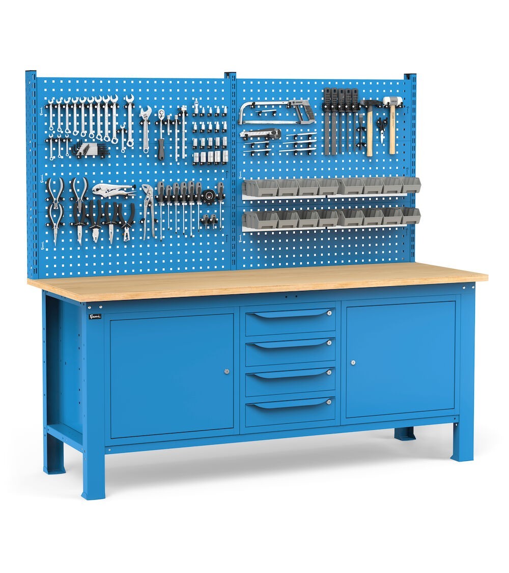 Banco con 4 cassetti, armadio con porta e ripiano, parete portautensili e accessori, 200 cm, Blu