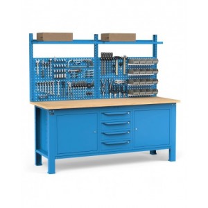 Banco con 4 cassetti, armadio con porta e ripiano, parete portautensili e accessori, 200 cm, Blu