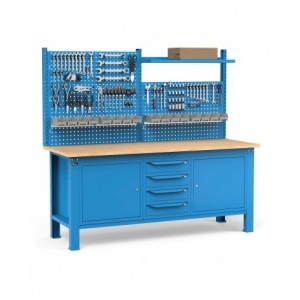 Banco con 4 cassetti, armadio con porta e ripiano, parete portautensili e accessori, 200 cm, Blu