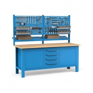 Banco con 4 cassetti, armadio con porta e ripiano, parete portautensili e accessori, 200 cm, Blu