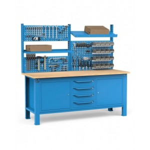 Banco con 4 cassetti, armadio con porta e ripiano, parete portautensili e accessori, 200 cm, Blu