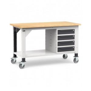 Banco lavoro con ruote e 4 cassetti, 150 cm, grigio e antracite