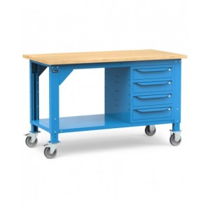 Banco lavoro con ruote e 4 cassetti, 150 cm, blu