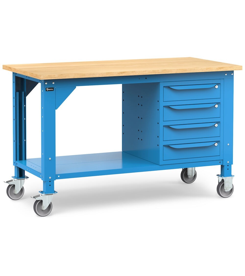 Banco lavoro con ruote e 4 cassetti, 150 cm, blu