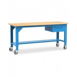 Banco lavoro con ruote e 1 cassetto, 200 cm, blu