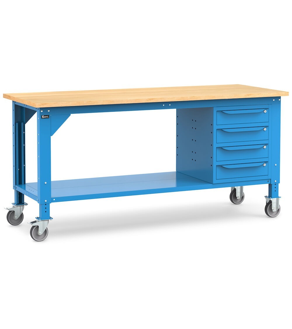 Banco lavoro con ruote e 4 cassetti, 200 cm, blu