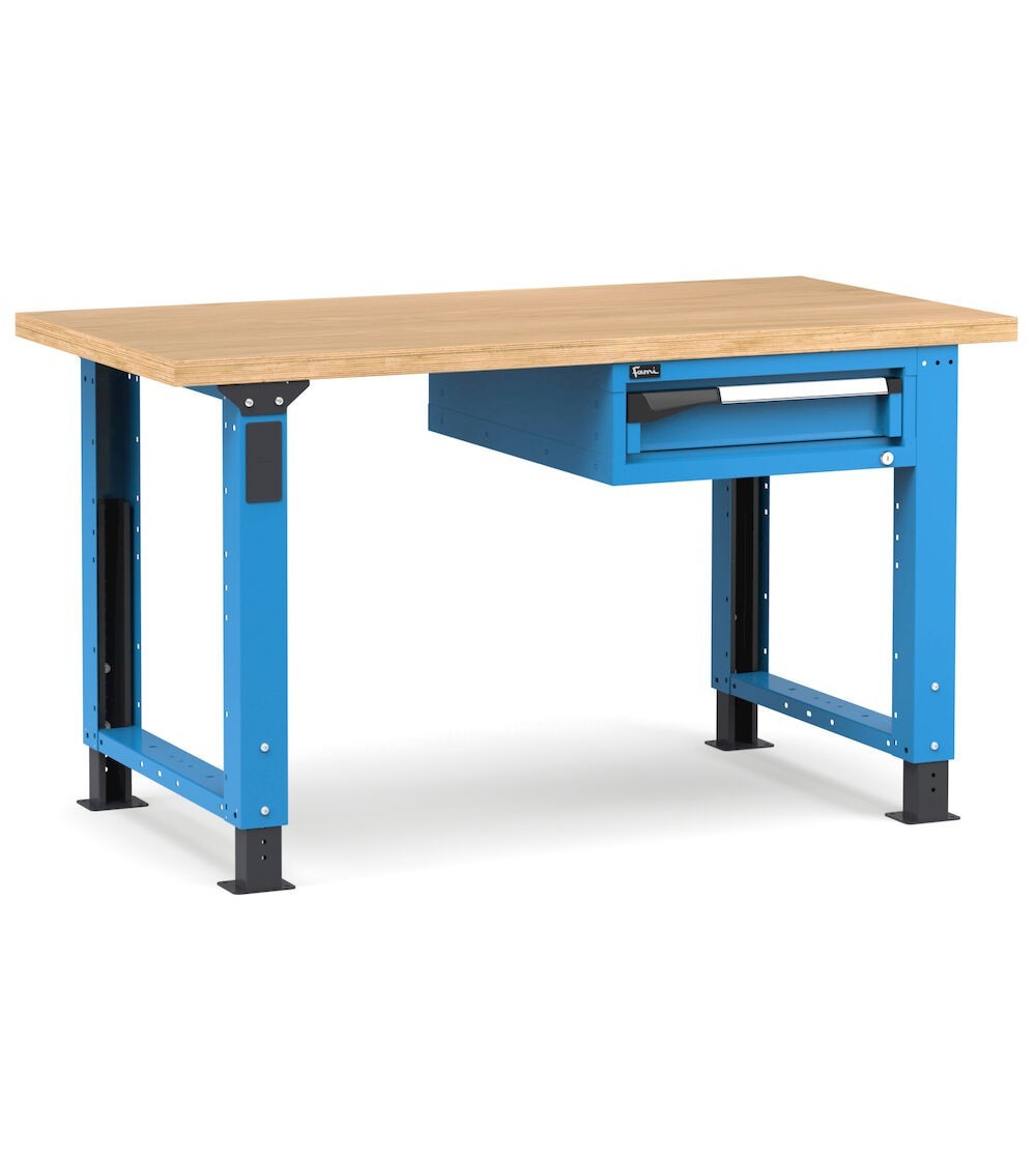 Banco professionale regolabile con 1 cassetto, 150 cm, blu e antracite