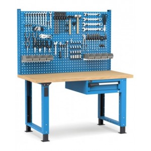 Banco professionale regolabile con parete e cassetto, 150 cm, blu e antracite