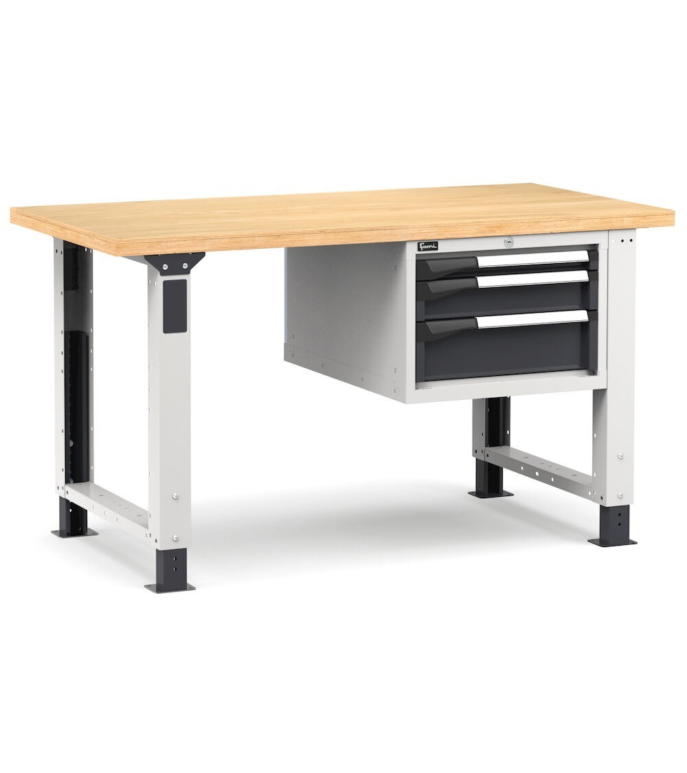 Banco professionale regolabile con 3 cassetti, 150 cm, grigio e antracite