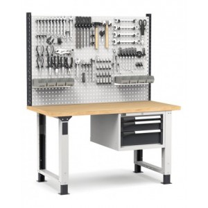 Banco professionale regolabile con parete e 3 cassetti, 150 cm, grigio e antracite