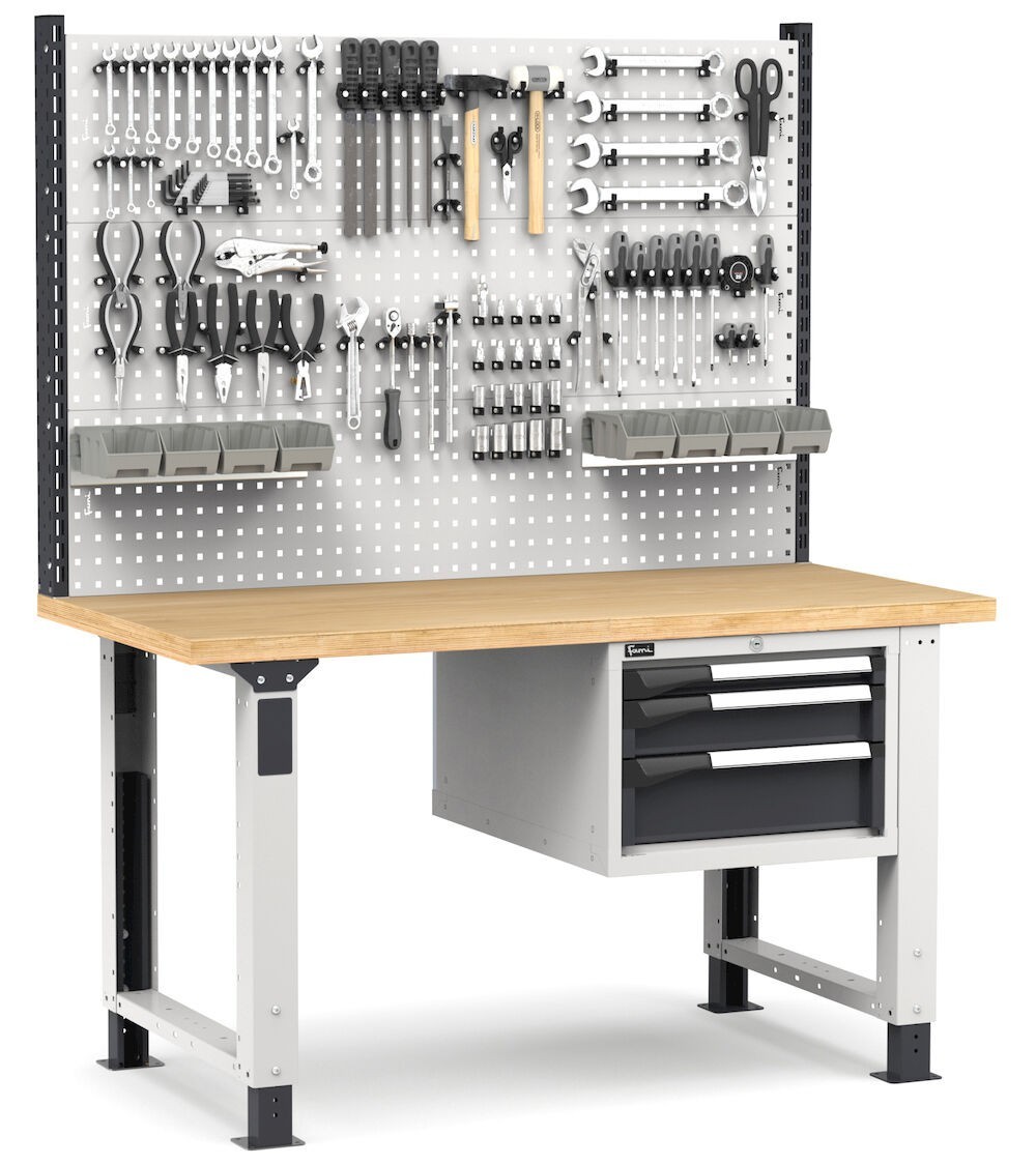 Banco professionale regolabile con parete e 3 cassetti, 150 cm, grigio e antracite