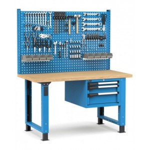 Banco professionale regolabile con parete e 3 cassetti, 150 cm, blu e antracite