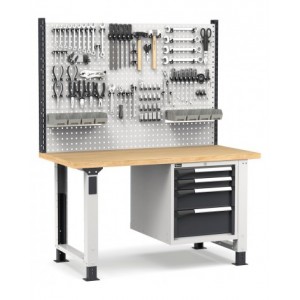 Banco professionale regolabile con parete e 4 cassetti 2x75 1x150 1x200, 150 cm, grigio e antracite