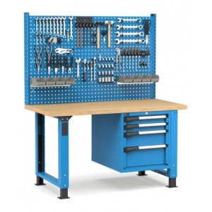 Banco professionale regolabile con parete e 4 cassetti 2x75 1x150 1x200, 150 cm, blu e antracite