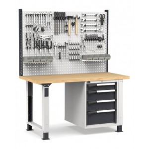 Banco professionale regolabile con parete e 4 cassetti 1x100 2x150 1x200, 150 cm, grigio e antracite