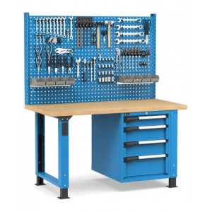 Banco professionale regolabile con parete e 4 cassetti 1x100 2x150 1x200, 150 cm, blu e antracite