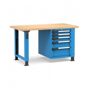 Banco professionale regolabile con 5 cassetti, 150 cm, blu e antracite