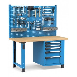 Banco professionale regolabile con parete e 5 cassetti, 150 cm, blu e antracite