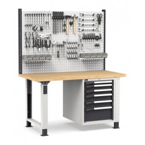 Banco professionale regolabile con parete e 6 cassetti, 150 cm, grigio e antracite