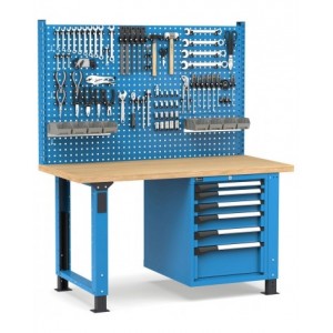 Banco professionale regolabile con parete e 6 cassetti, 150 cm, blu e antracite