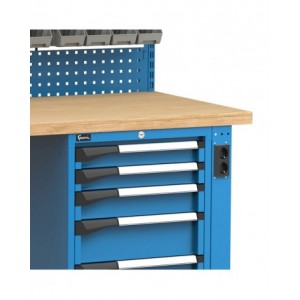Banco professionale regolabile con parete e 6 cassetti, 150 cm, blu e antracite