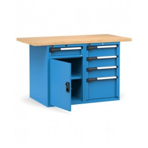 Banco professionale con porta, ripiano regolabile e 5 cassetti, 150 cm,  blu