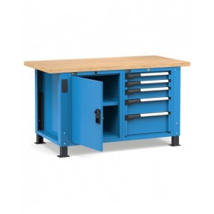 Banco professionale regolabile con 5 cassetti e porta, 150 cm, blu e antracite