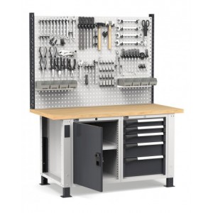 Banco professionale regolabile con parete, 5 cassetti e porta, 150 cm, grigio e antracite