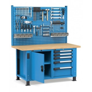 Banco professionale regolabile con parete, 5 cassetti e porta, 150 cm, blu e antracite