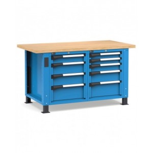 Banco professionale regolabile con 9 cassetti, 150 cm, blu e antracite