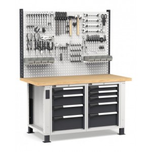 Banco professionale regolabile con parete e 9 cassetti, 150 cm, grigio e antracite