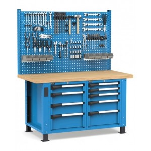 Banco professionale regolabile con parete e 9 cassetti, 150 cm, blu e antracite