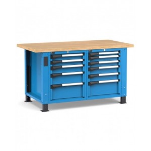 Banco professionale regolabile con 11 cassetti, 150 cm, blu e antracite