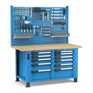 Banco professionale regolabile con parete e 11 cassetti, 150 cm, blu e antracite