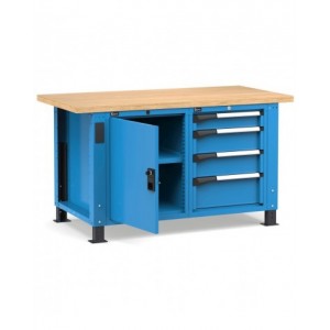 Banco professionale regolabile con 4 cassetti e porta, 150 cm, blu e antracite