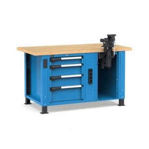 Banco professionale con 4 cassetti, morsa e allacciamenti, 150 cm, blu e antracite