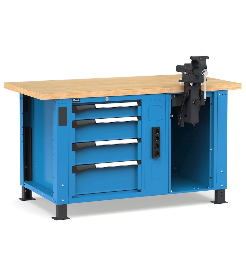Banco professionale con 4 cassetti, morsa e allacciamenti, 150 cm, blu e antracite
